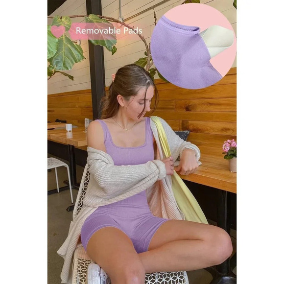 Women Purple Jumpsuit, Bodycon Seamless Yoga Ribbed Active Romper, Rompers - Picture 5 of 7